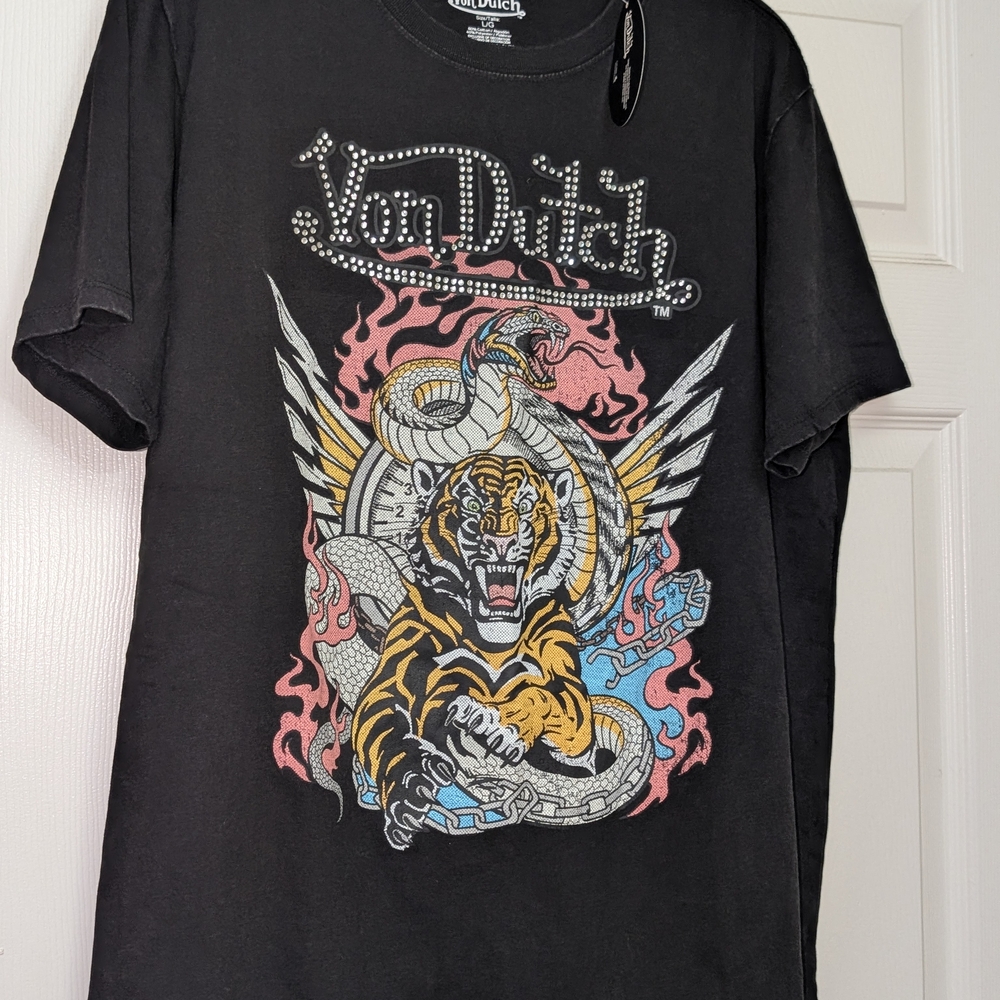 Von Dutch Black Tee with Tiger and Snake Graphic
